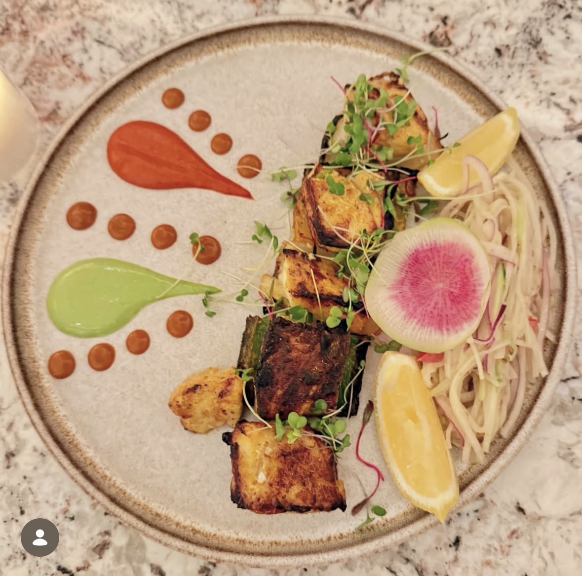 Grilled paneer skewers with chutneys and radish salad
